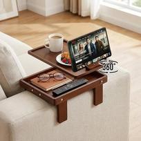 Sofa-Armlehnentablett mit Bambus, 14 cm - 24,9 cm, verstellbarer Couch-Armlehnentisch mit 360° drehbarem Telefonhalter und verstecktem Aufbewahrungsfach für Snacks, Getränke, Fernbedienung