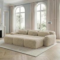 Sofos be rėmo, iš minkšto, pūkuoto pliušinio audinio, modulinė sofa-lova su 3 pufais, 3-vietės sofos, patogi sofa svetainei (šviesiai chaki spalvos)