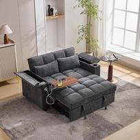 Sofos-lova su miego funkcija, dvivietė sulankstoma sofa, „3-in-1“ ištraukiama sofa su reguliuojamu atlošu, USB jungtimi, paslėptu staliuku, gėrimų laikikliu, tinka namams, pilkos spalvos | Sulankstoma sofa