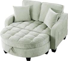 Sofos-lova su miego funkcija ir reguliuojamu atlošu, dvivietė sulankstoma sofa su pusapvalia pėdos atrama, šoninėmis kišenėmis, pėdos atrama su daiktų laikymo ertme, 129 x 132 x 93 cm, HNDE202511107 (žalia)