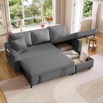Sofos-lova su miego funkcija, L formos sofa su šezlongu ir daiktų laikymo vieta, su kišeninėmis daiktų laikymo vietomis, keičiamu kairės ir dešinės pusės šezlongu, tamsiai pilkos spalvos