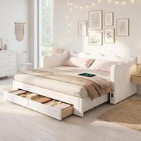 Sofos-lova, apmušta lova, 90 x 200 cm, su išstumiamu lovos skyriumi ir 2 stalčiais, dienos lova su USB jungtimi, medinis grotelių rėmas, aksomas, smėlio spalvos (čiužinys neįskaičiuotas)