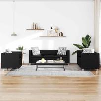 Sofų komplektas iš dirbtinės odos: 3-vietė sofa, 2-vietė sofa, fotelis, juodos spalvos | Platus sėdimojo paviršiaus plotis, storai paminkštintos pagalvėlės, patvarus, lengvai valomas, komplekte – 5 pagalvėlės