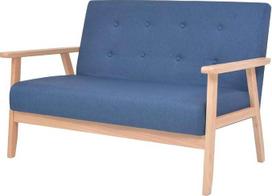Sofų komplektas „2-TLG“. Mėlynos spalvos audinys, su foteliais ir dviviete sofa, skandinaviško stiliaus dizainas, minkštas poliesterio apmušalas, storas putų užpildas, masyvi medžio rėmo konstrukcija, iki 110 kg vienai sėdimojai vietai,