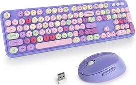 SOLIDEE belaidė klaviatūros ir pelės kombinacija, retro rašomosios mašinėlės dizainas, 2,4 GHz apvali klaviatūra su skaitmenine klaviatūra, 104 ergonomiški klavišai (amerikietiška QWERTY) (mišri violetinė)