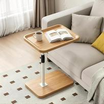 Šoninis staliukas su ratukais, reguliuojamo aukščio (60–90 cm), C formos šoninis staliukas, medinis, pasukamas 360°, mobilus šoninis staliukas, skirtas svetainei, sofai ar lovai (natūralios medienos spalvos)