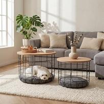 Šoninių staliukų rinkinys iš 2 vnt.: „Cat Nest“ ir „Dog Nest“ su pagalvėlėmis