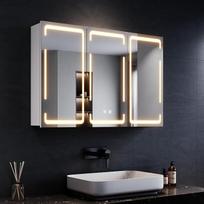 SONNI LED vonios veidrodinė spintelė su apšvietimu ir kištukiniu lizdu, 90 x 60 cm vonios spintelė su veidrodžiu, 3 durys, belaidis vyrių dizainas, 3 šviesos spalvos, reguliuojamas apšvietimas, apsauga nuo rūko, IP44 atsparumas vandeniui
