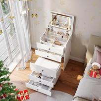 SONNI 3-in-1 tualetinis staliukas su atlenkiamu veidrodžiu ir šviesos diodu, kosmetinis staliukas su matomo stiklo stalviršiu, 4 stalčiai, laikymo taburetė su 4 universaliais ratukais, miegamojo tualetinis staliukas, baltas, 60 x 45 x 83 cm