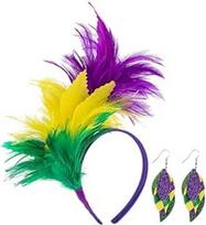 Spalvingos plunksnų plaukų juostos su auskarais, galvos juostų rinkinys Fancy Dress Moterys, Papūgos kostiumas Moterys, Karnavalo galvos apdangalas, Spalvingos plunksnos Fascinator Moterys, Karnavalo vakarėlio galvos apdangalas