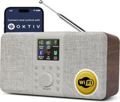 SR20 WLAN radijas, „Bluetooth“, 2.0 stereo, DAB ir internetas, riešutmedžio spalva | Valdymas per „OKTIV“ programėlę, podkastų grojimas, dvigubas žadintuvas, ekvalaizerio nustatymai, maitinimas iš elektros tinklo arba AA tipo baterijų, ausinių lizdas