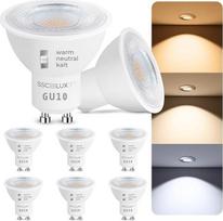 SSC-LUXon LumiFLEX GU10 lempų rinkinys (6 vnt.), LED, 3 W, 3 šviesos spalvos, 230 V, pakaitalas | Šešios GU10 atspindžiosios lempos su 3 šviesos spalvomis – šilta / neutrali / šalta (per jungiklį), tiesioginis prijungimas prie 230 V, halogeninių lempų pak