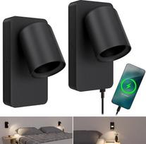 SSC-LUXon Neru sieninis šviestuvas, GU10, USB (lemputė neįtraukta), 2 vnt. rinkinys, juodos spalvos | Du juodi sieniniai šviestuvai su USB jungtimi ir jungikliu – pasukama galvutė, puikiai tinka kaip skaitymo lempa prie lovos ir naktinė lemputė, be LED