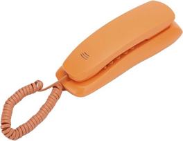 Stacionarusis telefonas pagyvenusiems žmonėms, laidinis telefonas, skirtas statyti ant stalo arba montuoti ant sienos namų biure, viešbučiuose; biuro interjero detalė ryškiai oranžinės spalvos