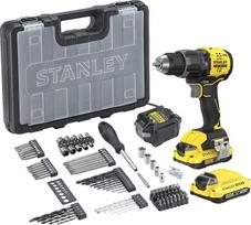 STANLEY V20 belaidis plaktuvinis gręžtuvas su bešepetėliu varikliu, 2 greičiai. Komplekte: 2,0 Ah ličio jonų akumuliatorius, 1,25 A įkroviklis ir 100 vnt. priedų rinkinys su „ProStack“ dėklu, 18 V, SFMCD716D2A-QW