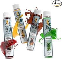 STEELY SPORTS „SteelyRefresh“ degustacinis rinkinys: gėrimų sirupai be cukraus su vitaminais, sportinių gėrimų koncentratas, 4 x 25 ml, iš kurių pagaminama apie 8 l, mišinys (rūgštynės, „Woodrup“, persikai, įvairių vaisių)