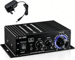 Stereo stiprintuvas, mini namų garso sistema, 2 kanalų, galios stiprintuvas, Hi-Fi, 12 V, AB klasė, bosai, aukštų dažnių reguliavimas, Cinch-AUX įėjimas pasyviems garsiakalbiams, MP3, kompiuteris, televizorius, mobilusis telefonas, DVD, 12 V, 3 A, maitini
