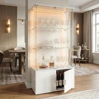 Stiklinė vitrina su LED apšvietimu, 3 lygiais ir rakinamomis durelėmis, medinė ir stiklinė vitrina, skirta kolekcionierių eksponatams, vynui, svetainei, miegamajam