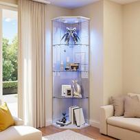Stiklinė vitrina su LED kolektoriumi Vitrina su 4 lentynomis Stiklinės lentynos ir užrakinamos durys ant pagrindo Šiuolaikinės grūdinto stiklo vitrinos svetainei, miegamajam (balta jutiklinė šviesa, 60 x