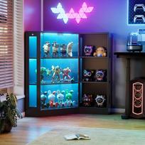 Stiklinė vitrina su LED apšvietimu, stovinti vitrina su trispalviu apšvietimu ir judesio jutikliu, triaukštė kampinė vitrina, „Lego“ vitrina, medinė vitrina kolekcionuojamiems daiktams, skirta svetainei