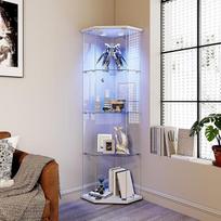 Stiklinė vitrina su LED apšvietimu, stovinti stiklinė vitrina, 4 lygmenų stiklo ir medžio vitrina, vitrina su 1 durelėmis ir spyna, kolekcionierių vitrina (LED penkiakampė)