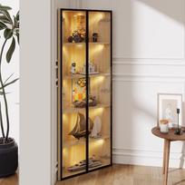 Stiklinė vitrina su LED, ąžuolo eksterjeras, integruota šviesos juosta, dulkėms atspari grūdinto stiklo spinta, kampinė vitrina su durelėmis, kolekcijos vitrina, knygų spinta, vyno spinta (Ąžuolas-1)