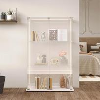 Stiklinė vitrina su LED, vitrina su 3 stiklinėmis lentynomis, moderni vitrina svetainei su 2 durimis ir užraktu, vitrina kolekcininkams (balta, 3 pakopos, 2 durys + LED)