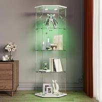 Stiklinė vitrina, LED šviestuvai, stiklinė vitrina, 4 lygiai, 1 durys, stiklinė vitrina, tinkanti svetainei, miegamajam, biurui ir barui, Pentagonas (balta, 4