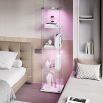 Stiklinė vitrina, šiuolaikiška stiklinė kolekcionierių vitrina, 4 lygiai su įvairiaspalviu LED apšvietimu, vitrina, kolekcionierių vitrina rankdarbiams, svetainei, knygoms (balta, 1 durys, 4 lygiai)