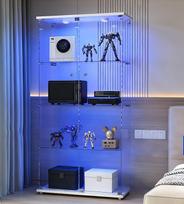 Stiklinė vitrina, stovinti vitrina su užraktu ir LED, 2 durų, 4 lentynų, skaidri baldų vitrina, 36,5 x 80,5 x 163,9 cm (balta, 2