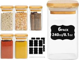 Stikliniai prieskonių indeliai su bambukiniais dangteliais ir etiketėmis, 6 vnt., kvadratiniai, stikliniai indai, 250 ml, hermetiški, skirti druskai, cukrui, sėkloms, riešutams, arbatai, kavai, pupelėms, žolelėms ir pan.