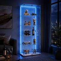 Stovinti stiklinė vitrina su LED apšvietimu, 5 lygmenų stiklo ir medžio vitrina, 2 durys ir spyna, stiklinė vitrina, kolekcionieriaus vitrina (balta, 5 lygmenų, 2 durys + LED-2)