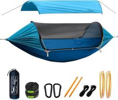 Stovyklavimo hamakas palapinė su tinkleliu nuo uodų ir nuimama apsauga nuo saulės, 270 x 140 cm, 4-in-1 funkcija, ultralengvas hamakas lauke, Bivouac žemės palapinė lauke, žygiams ir kelionėms