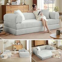 Sulankstoma sofa-lova, 195 cm pločio, XXL lova, modulinė grindų sofa, "Cord Cloud" sofa su pagalvėle, 3 vietų svečių lova, sulankstoma, neslidi, skalbiama, smėlio spalvos, 3 sėdimos vietos