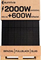 SUNNIVA® saulės kolektorius 4 x 500 W, visiškai juodas, dvipusis stiklinis fotovoltinis modulis – PMax 2000 W (4 x 500 W), dvipusis N-tipo, skirtas balkono elektrinei arba fotovoltinei saulės energijos sistemai
