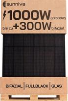 SUNNIVA® saulės kolektorius, 2 x 500 W, visiškai juodas, dvipusis, stiklas-stiklas, N tipo saulės modulis, fotovoltinis modulis, PMax 1000 W (2 x 500 W), skirtas balkono elektrinei, saulės energijos sistemai, fotovoltiniam kolektoriui, fotovoltinei sistem