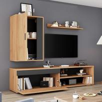Svetainės sieninė spinta, TV spintelė, svetainės baldų komplektas, TV sieninių spintų komplektas (pilnas komplektas, 3 dalys), TV staliukas, stovinti ir sieninė lentynos, stovinčios ir kabinamos, 140 x 35 x 39 cm (medis)