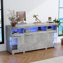 Svetainės šoninė spintelė su LED apšvietimu ir atviru skyriumi, svetainės spintelė, bufetinė spintelė su stiklinėmis durelėmis, aukštoji vitrina su sidabrine rankena, pilka spintelė, 140 x 40 x 70 cm