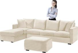 SYLC aksominis sofos užvalkalas, L formos sofos užvalkalas, kampinė sofa, L formos elastingas sofos užvalkalas su sėdimosios dalies pagalvėle ir atlošu, universalus sofos užvalkalas, skalbiamas (smėlio spalvos, kvadratinis taburetė, L)