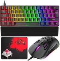 T60 Mini 60% mechaninės klaviatūros pelės rinkinys, C tipo laidinė žaidimų klaviatūra + 6400 DPI RGB pelė + riešo atrama + pelės kilimėlis, 19 apšviestų kompaktiškų 62 klavišų, JK išdėstymas, skirtas kompiuteriui, nešiojamajam kompiuteriui - juodas/raudon