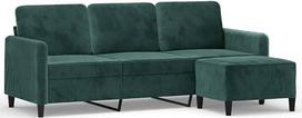 Tamsiai žalia trisėdė sofa su pufu, pagaminta iš patvarios aksominės medžiagos, 180 cm pločio, su storai paminkštintomis sėdynėmis ir porankiais, skirta patogiam poilsiui