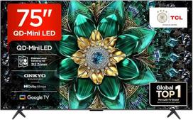 TCL 75Q6C 75 colių QD Mini LED televizorius, 4K HDR Premium, 1000 nitų, „Smart TV“ su „Google TV“ (Dolby Vision IQ ir Atmos, „Onkyo“ 2.1 garso sistema, 144 Hz „Motion Clarity Pro“, „Game Master“)
