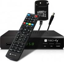 TECHLY 360974 skaitmeninis antžeminis DVB-T/T2 imtuvas, palaikantis H.265 HEVC 10 bitų, metalinis, su universaliu nuotolinio valdymo pultu „2 į 1“ ir 12 V maitinimo šaltiniu, juodos spalvos