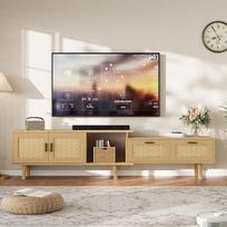 Televizoriaus spintelė, ištraukiama 146-180 cm, baldai "Tele", mediena ir rotango mediena, su 2 durimis, 2 stalčiais ir 1 atviru stalčiumi, TV spintelė, skirta 75 colių televizoriams, svetainei, miegamajam