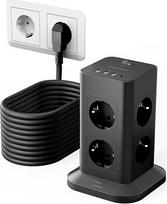 TESSAN kelių lizdų apsauga nuo viršįtampių su 10 m ilginimo kabeliu, 8 jungčių maitinimo juosta su USB C ir 3 USB A, 3600 W 16 A maitinimo juosta, kištukinis paskirstymo lizdas namams, juodas