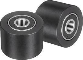 tiekimo schema: plastikinis ritininis ratukas su guoliu, vidinis skersmuo 12 mm x išorinis skersmuo 48 mm x ilgis 35 mm, kreipiamasis ratukas, plokščiosios diržo įtempiklis, juodos spalvos, 2 vnt.