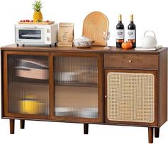 Tiita Sideboard Buffet Cabinet, rotango virtuvės spintelė su stalčiais, Boho kavos baro stalai virtuvei, valgomajam, svetainei, prieškambariui, prieškambariui, biurui, graikinis riešutas