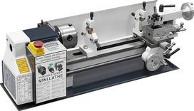 Tikslus metalo tekinimo staklės, 750 W, 180 x 350 mm, reguliuojamas sukimosi greitis 0–2500 aps/min, su ekranu, metaline pavarų dėže; komplekte yra peilis ir centrinė padėklo dėžė