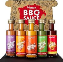 TIMBER TASTE BBQ padažų dovanų rinkinys - 5 aromatingi grilio padažai po 40 ml stikliniame buteliuke, supakuoti BBQ dovanų rinkinys Dovanos vyrams Velykų dovanos suaugusiesiems Velykų dovana vyrui
