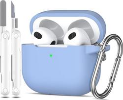 Tinka „AirPods“ 3-osios kartos dėkliui (2021 m.), tinka „AirPods 3“ dėkliui, minkšta silikoninė apsauga, tinka „AirPods 3“ dėkliui su raktų pakabuku ir valymo rinkiniu, mėlynai pilka